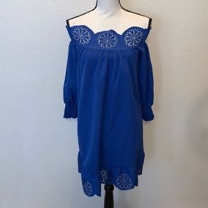 Fashion Collection blue open flower off shoulder mini dress